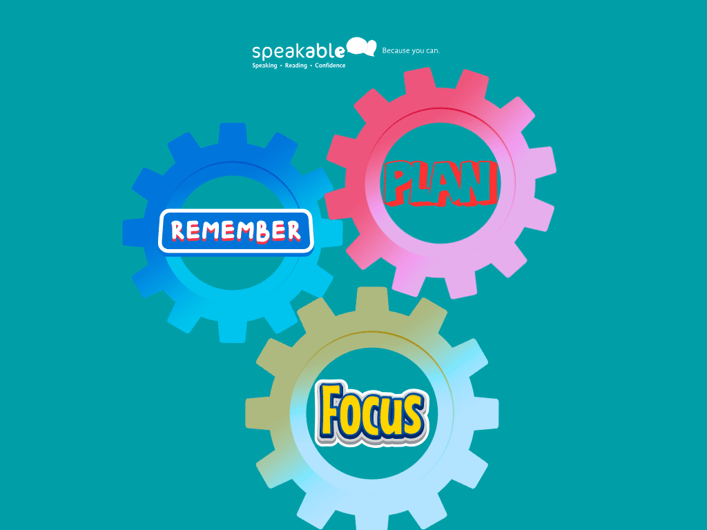 Colourful gears showing key executive functioning skills: focus, memory, and control.