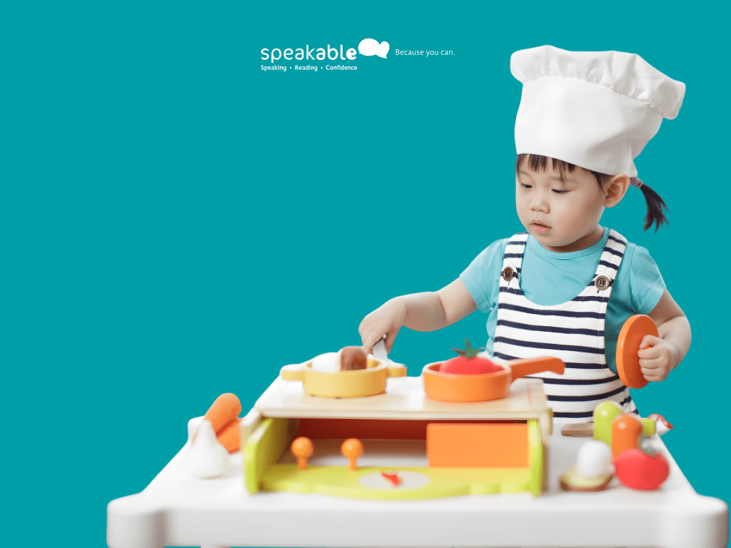 Child engaged in pretend play while learning new words through action.