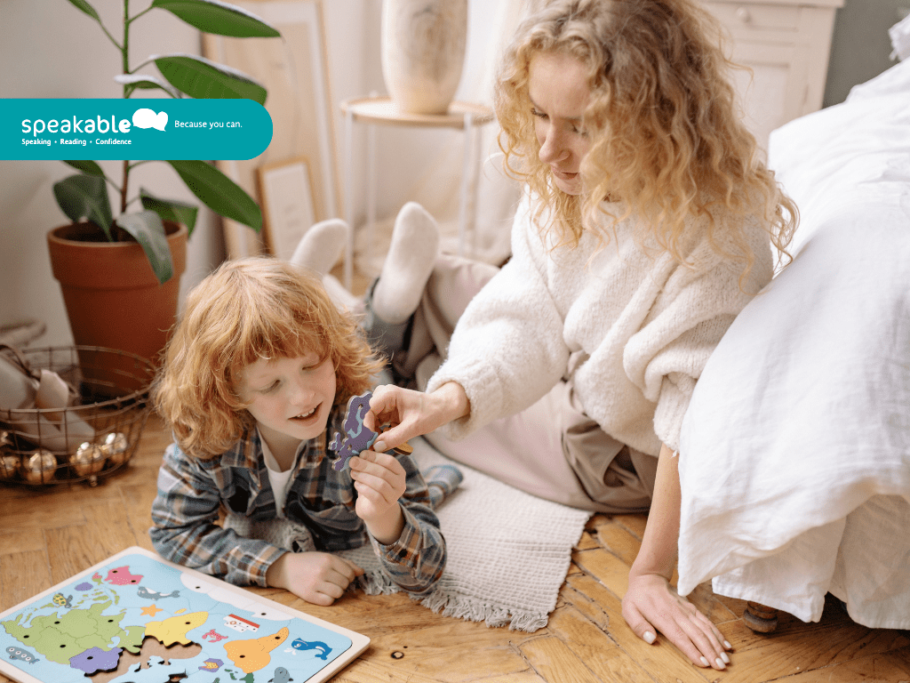 Parent supporting a child’s expressive language through play and conversation.
