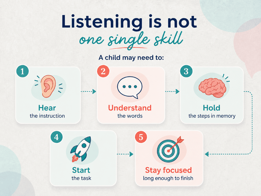 Five steps involved in listening, understanding, remembering and following instructions.