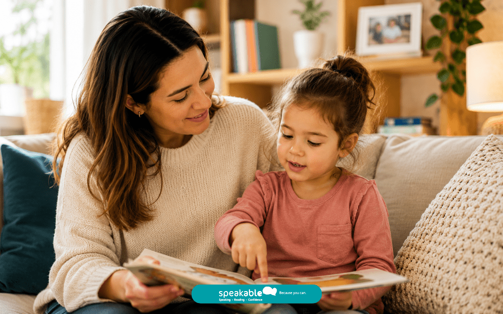 Parent reading with a young child while supporting communication and language development.
