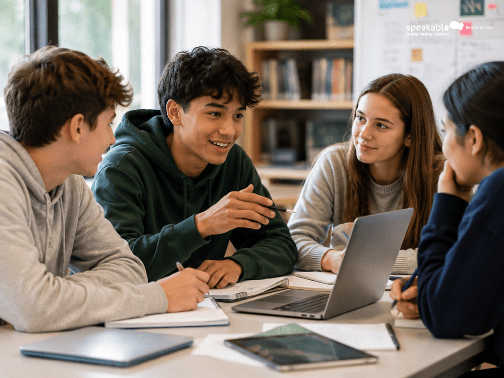 teen collaborating with classmates during a group task.