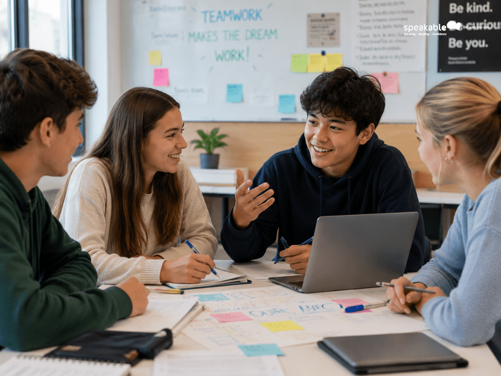 Teen collaborating with classmates during a group learning task.