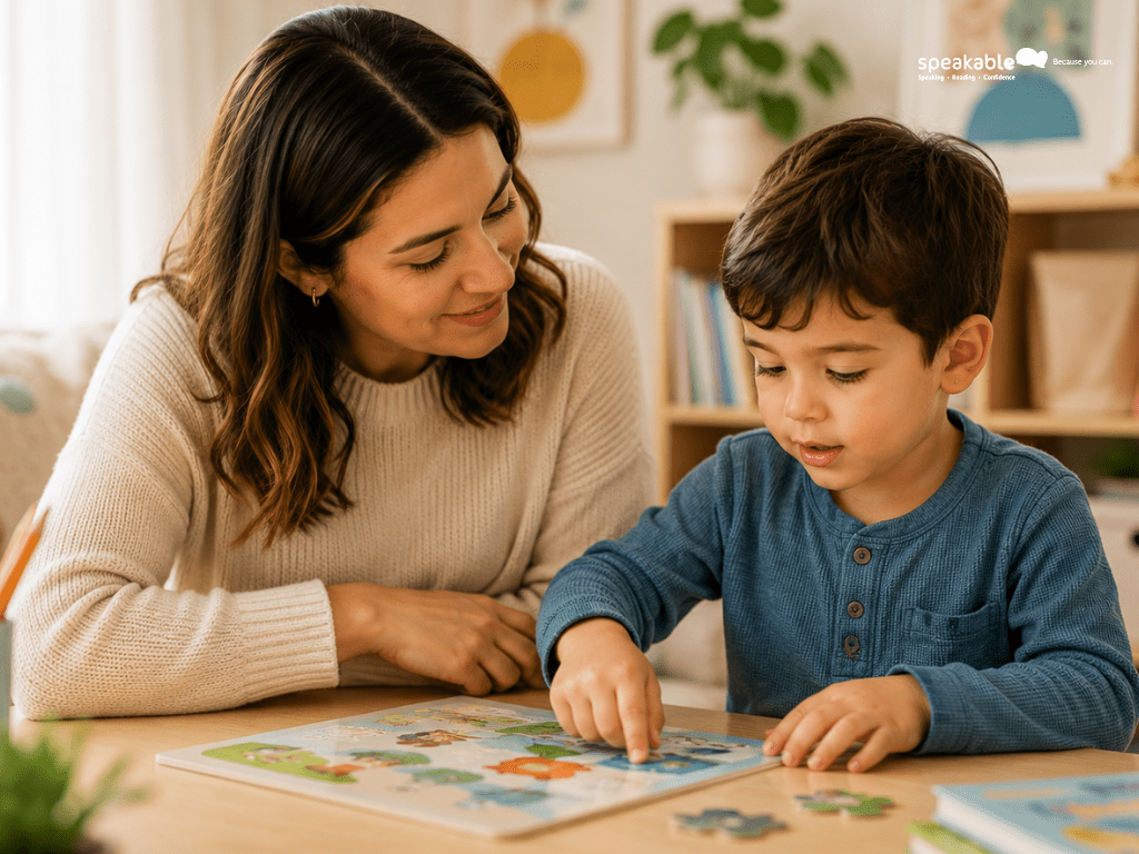 Parent observing a child's communication during a learning activity at home.