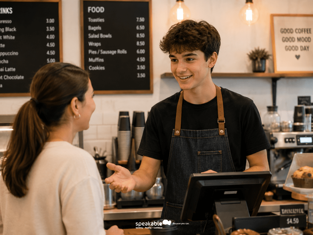 Teen developing communication skills in a workplace setting.