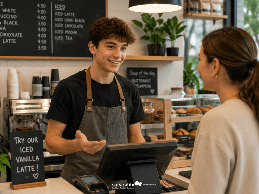 teen developing communication and independence skills in a workplace setting.