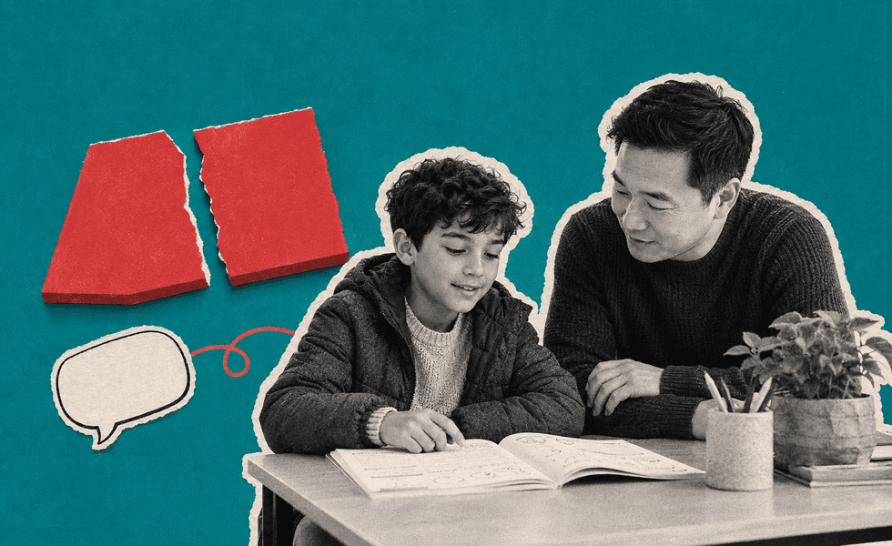 Child showing schoolwork to a supportive adult in a calm learning environment.