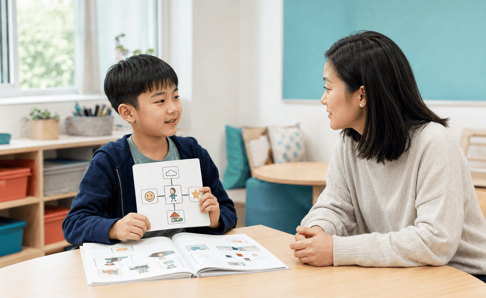 Child using a visual organiser to share an idea with a supportive adult.