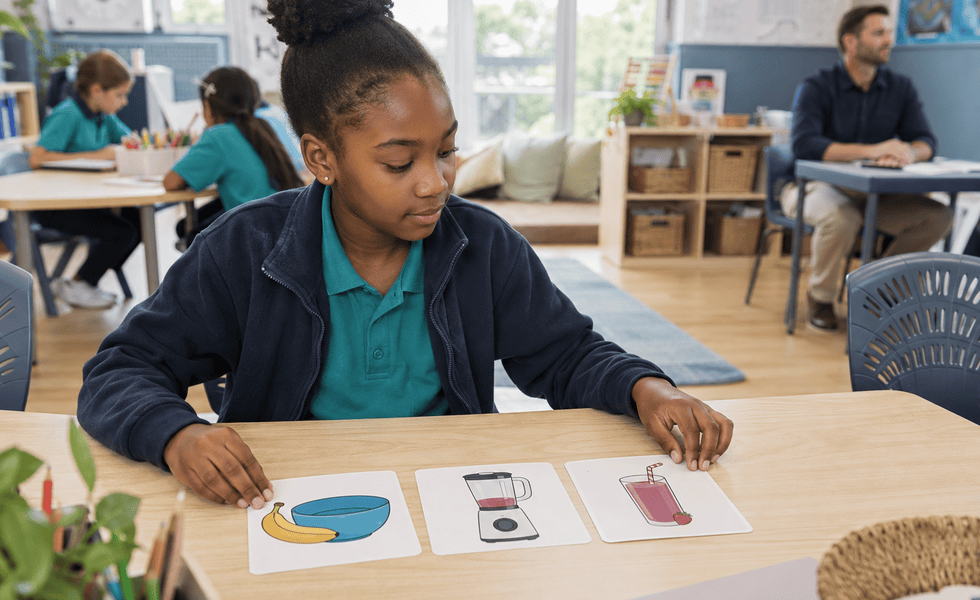 Student using picture cards to organise an explanation during a classroom activity