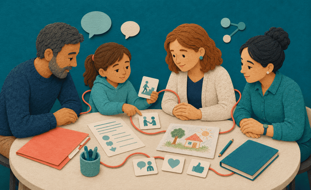 Child choosing a goal while a parent, teacher and speech pathologist review communication supports.