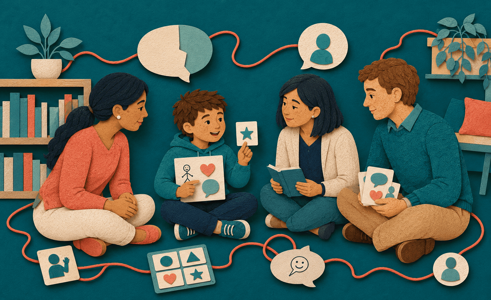 Child sharing ideas with a parent, teacher and speech pathologist in a school library.