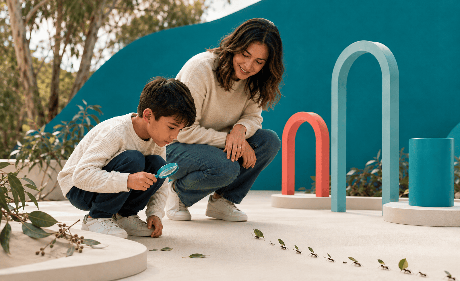 Child and parent observing a trail of ants during an everyday walk.
