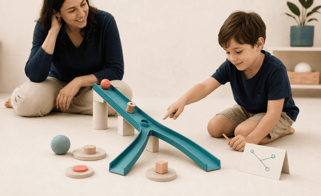 Child testing household objects on a cardboard ramp while an adult follows their lead.