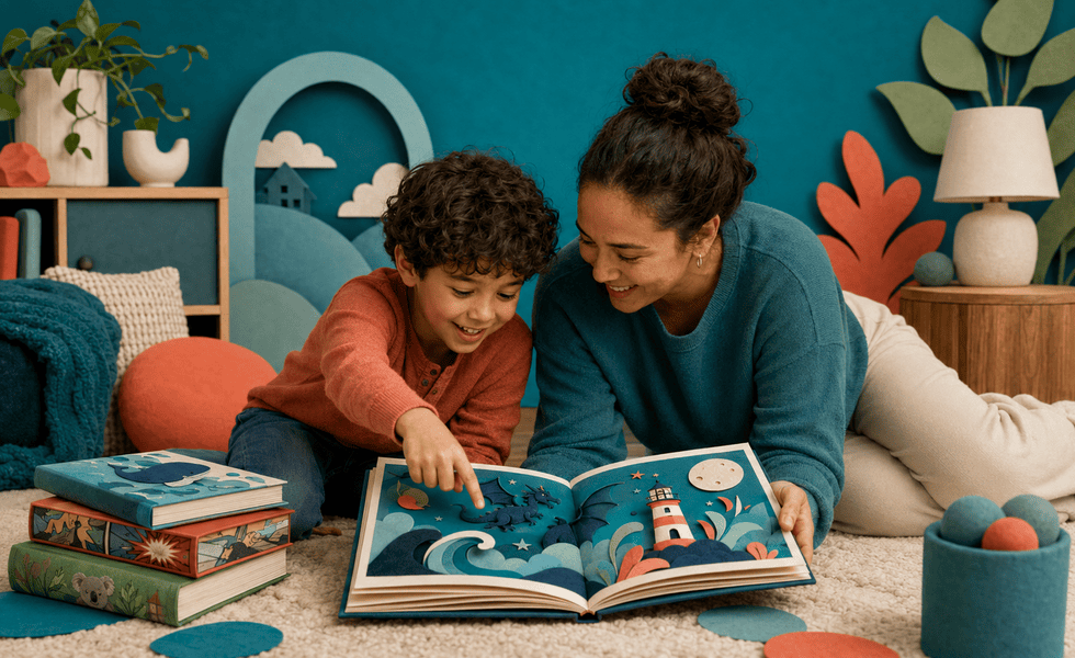 Parent and child sharing a book and talking about an illustration together.