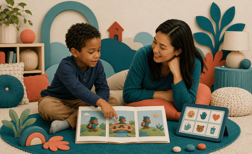 Child using pictures and AAC while sharing a wordless book with an adult.