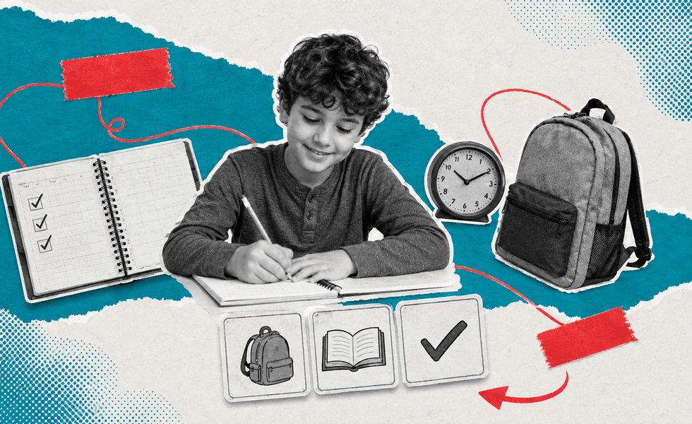 Child using visual steps, a clock and organised materials to manage an everyday task.
