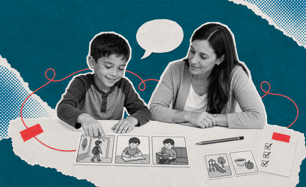 Child and speech pathologist using picture cards to organise and communicate a sequence of ideas.