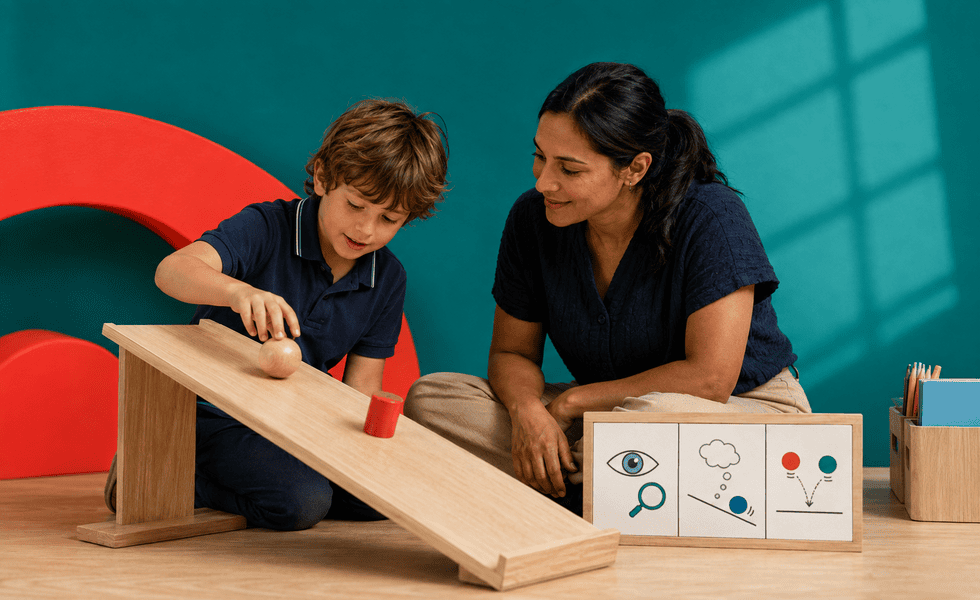 Child using a visual organiser while exploring how objects move down a ramp.