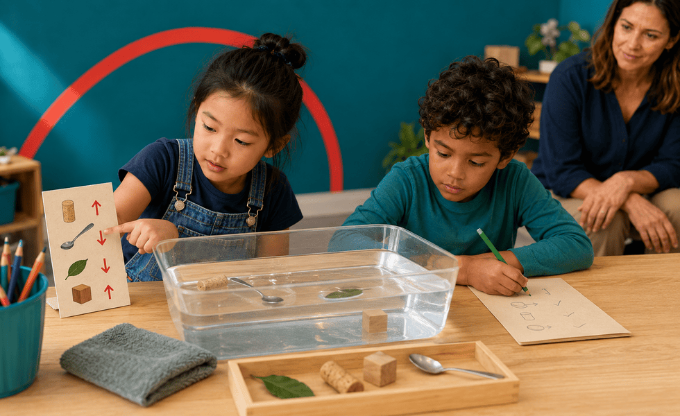 Children using pictures and drawings to predict and record which objects will float.