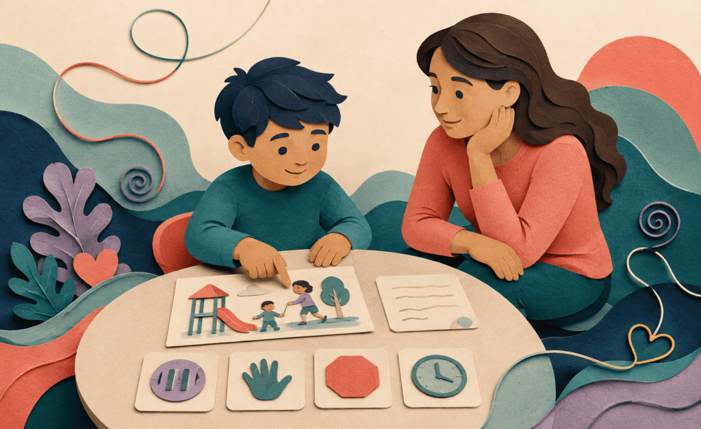 Child using drawing, writing and picture symbols to communicate with a parent.