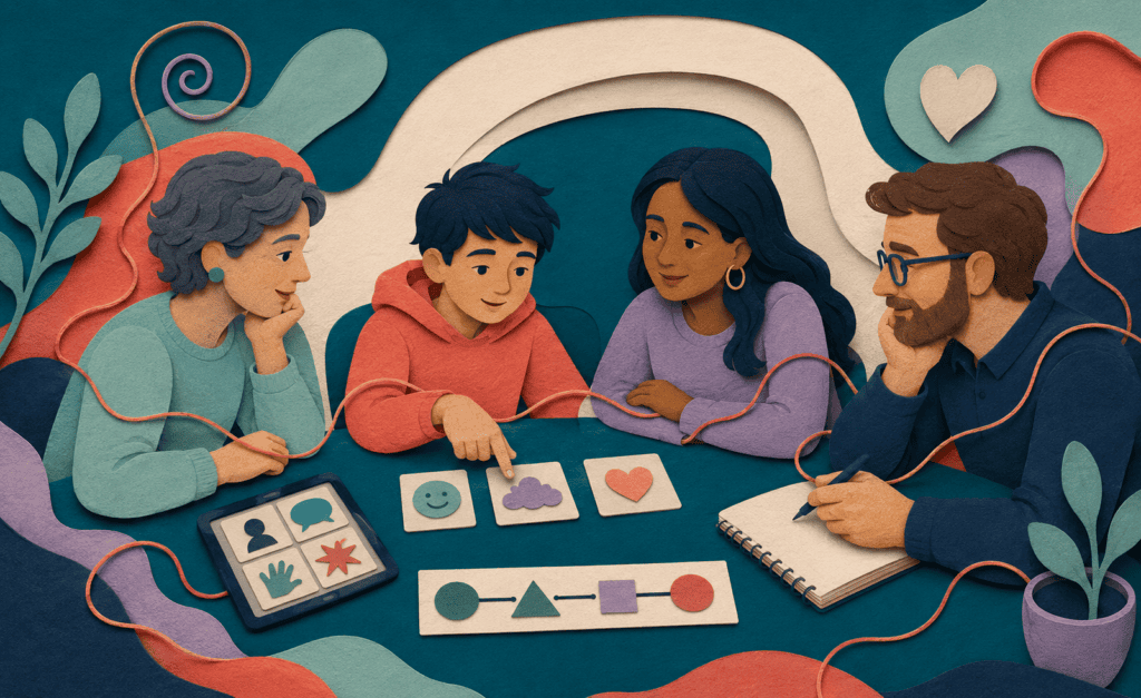 Young person using a communication card with a parent, speech pathologist and mental health professional.
