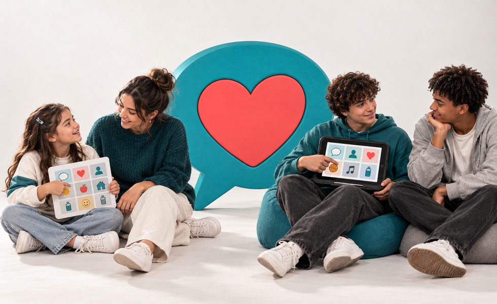 Child and teenager communicating beside a large speech bubble with inclusive communication symbols.