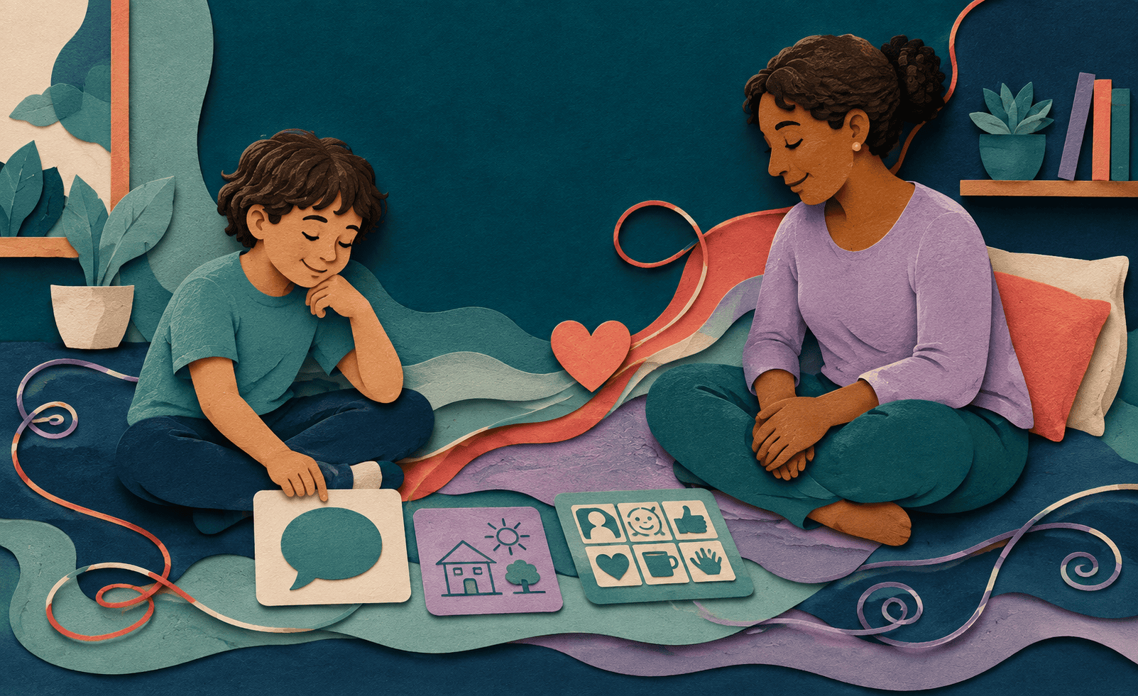 Child choosing between speech, drawing and AAC while a trusted adult listens.