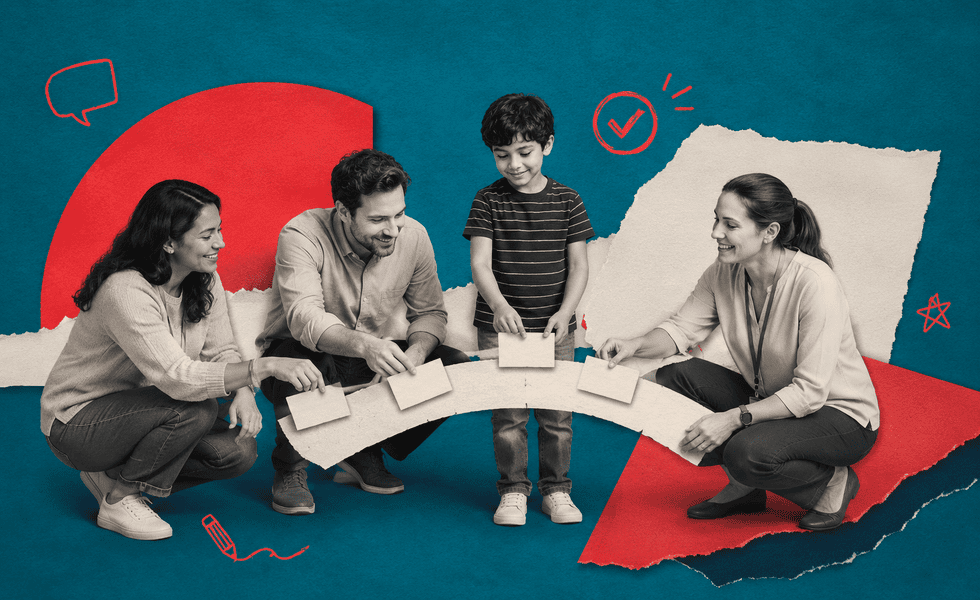 Child reflecting with a parent, teacher and speech pathologist on communication progress across the term.