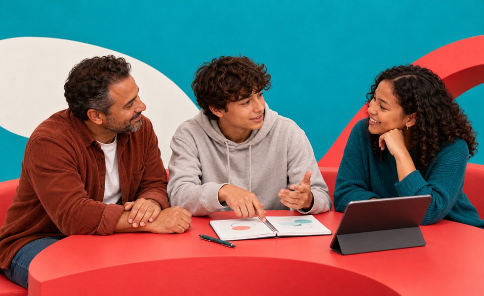 teenager section. Alt text: Teenager and supportive adult discussing ideas together using written notes.