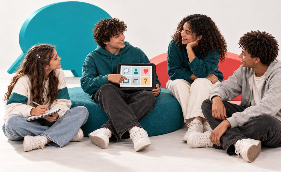 Teenager using AAC while participating in a classroom conversation
